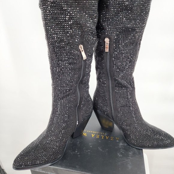 AZALEA WANG Nash Crystal Knee High Cowboy Boots Black NWT - Picture 10 of 13